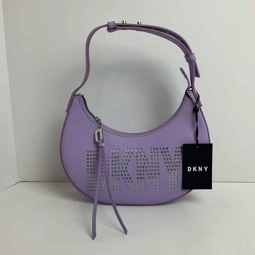 DKNY Essex Saffiano 100% Cow Leather Shoulder Bag in a purple colorway